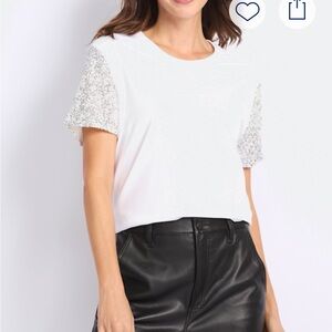 Rebecca Minkoff White NYE Tee with Silver Sequin Sleeves